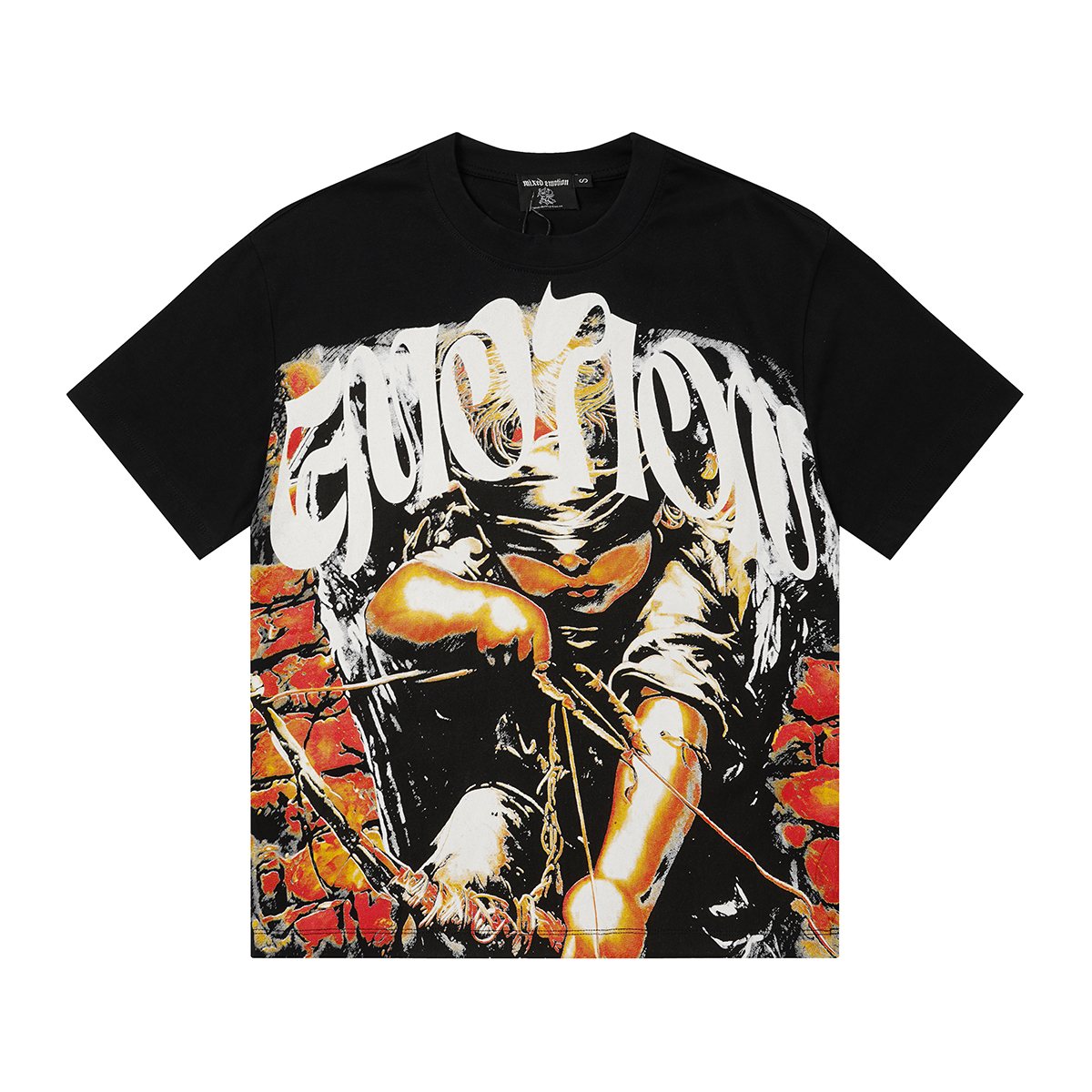 MIXED EMOTION Black Illustrated Front & Back Graphic T-Shirt — front