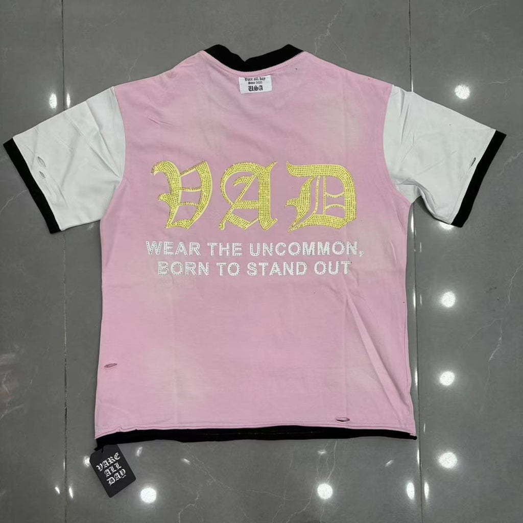 VARE ALL DAY Pink Contrast-Sleeve Graphic T-Shirt — back