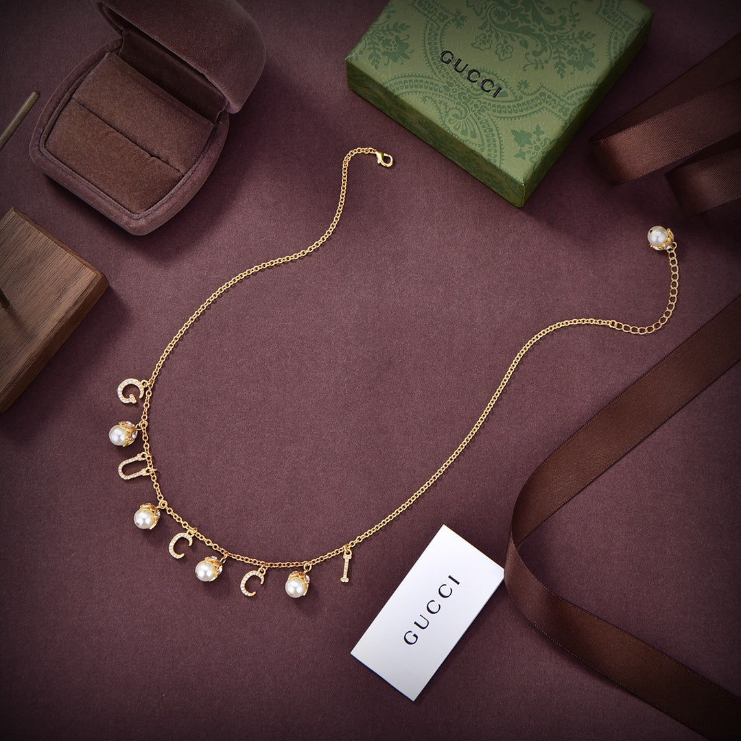 Gucci Double Logo Plaque Embellished Pearl 18K Gold Necklace