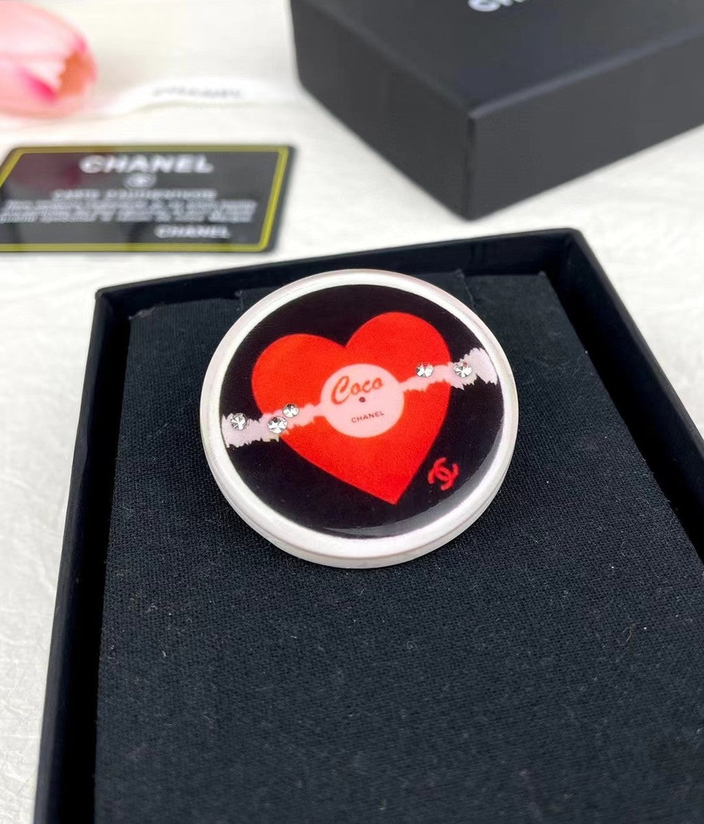 Chanel Red Heart Resin 18K Gold Brooch