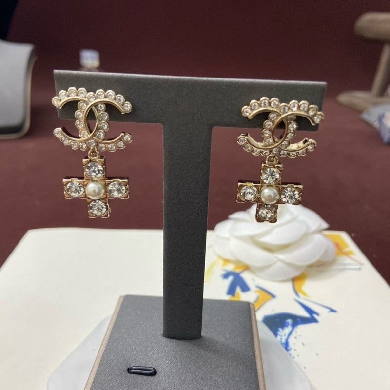 Chanel Cross Pearl & Diamond 18K Gold Earrings
