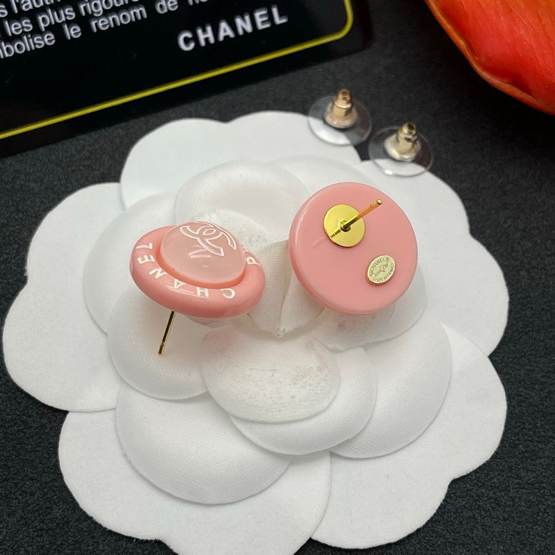 Chanel Pink Round 18K Gold Earrings